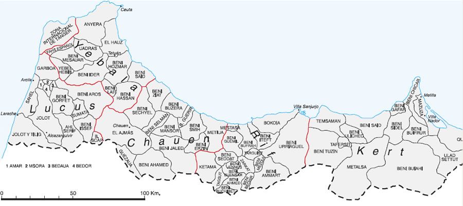 Mapa del Protectorado español de Marruecos donde se ve la división de las diferentes kabilas y las regiones. La de Beni Urriaguel, en el Rif, era la principal de la rebelión, de la que era líder Abd El-Krim 